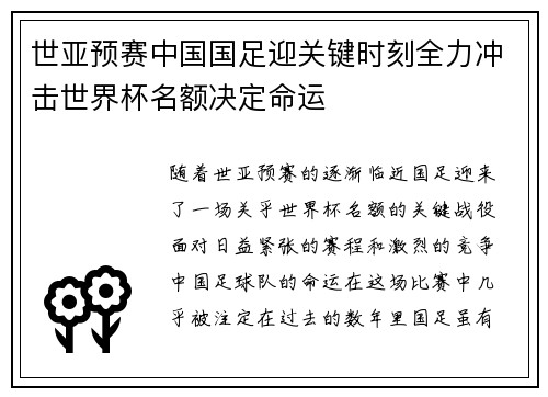 世亚预赛中国国足迎关键时刻全力冲击世界杯名额决定命运 世亚预赛中国国足迎关键时刻全力冲击世界杯名额决定命运