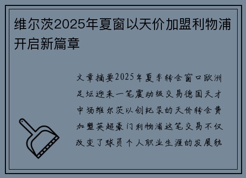 维尔茨2025年夏窗以天价加盟利物浦开启新篇章 维尔茨2025年夏窗以天价加盟利物浦开启新篇章
