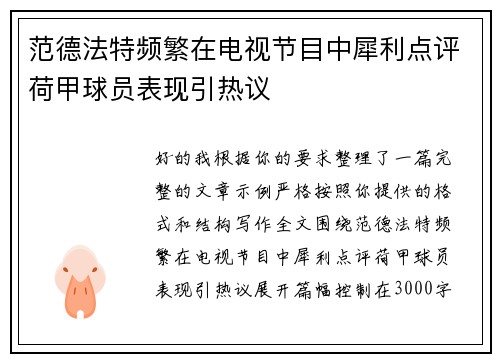 范德法特频繁在电视节目中犀利点评荷甲球员表现引热议 范德法特频繁在电视节目中犀利点评荷甲球员表现引热议